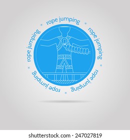 Round blue icon with white contour rope jumper ready to jump and words Rope Jumping around for some extreme sport team. Isolated vector illustration with round blue icon on white background.