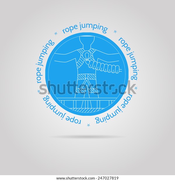 Round blue icon with white contour rope\
jumper ready to jump and words Rope Jumping around for some extreme\
sport team. Isolated vector illustration with round blue icon on\
white background.