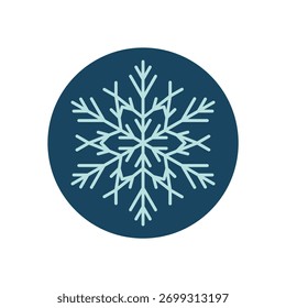 Etiqueta azul redonda con copo de nieve blanco en estilo línea. Adorno de invierno e icono helado para paquete frío o elemento de sello de Navidad. Diseño de círculo de escarcha para paquete festivo o marca de productos de temporada.