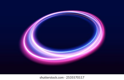 Runde blaues Licht verdreht, Geeignet für Produktwerbung, Produktdesign und andere. Glitzernde, wellige Spur. Verwirbelter dynamischer Neonkreis. Drehgeschwindigkeitsring.	