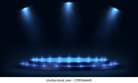 Round blue luminous stage with steps and spotlights, futuristic pedestal