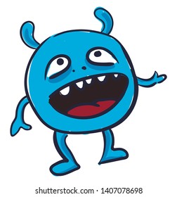 Round blue monster with big mouth, scary teeth, big eyes and hands legs and two horns, vector, color drawing or illustration. 