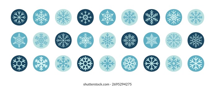 Conjunto de etiquetas redondas azul y azul marino con copo de nieve e icono de copo de nieve en el contorno. Decoración de invierno para el sello del paquete, diseño de la Navidad del círculo con estilo moderno simple.