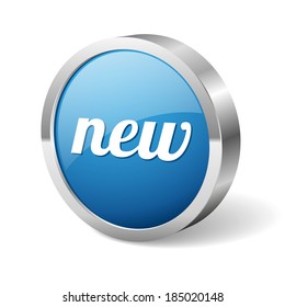Round blue new button with metallic border on white background