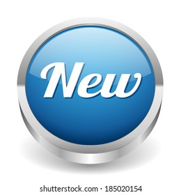 Round blue new button with metallic border on white background