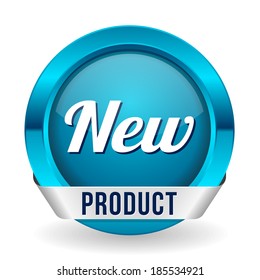 Round blue new product button with metallic ribbon on white background