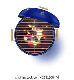 Round blue open barbecue grill top view realistic vector illustration.