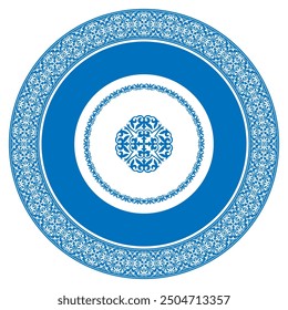 Round blue Oriantal Frame, workpiece for your design. Ornamental Oriantal elements and motifs of Kazakh, Kyrgyz, Uzbek, national Asian decor for plate, textile, print design, For sandblaster