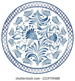 Round blue ornament in the style of national painting with cobalt on porcelain. Flowers and leaves in a circle. Vector illustration.