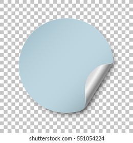 Round blue paper sticker template with bent edge. Isolated on transparent background. Vector illustration, eps 10.

