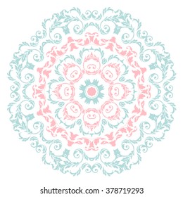 Round blue & pink mandala. Geometric circle element made in vector on white background. 
