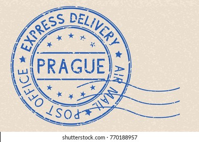 Round blue postmark Prague, Czech Republic on beige background. Vector illustration