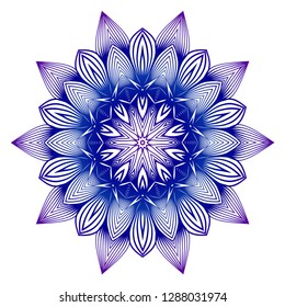 Round blue, purple gradient mandala on white background. Vector boho mandala. Floral patterns. Idea for your interior design, invitation card, holiday elements. Blue, purple color.