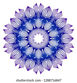 Round blue, purple gradient mandala on white background. Vector boho mandala. Floral patterns. Idea for your interior design, invitation card, holiday elements. Blue, purple color.