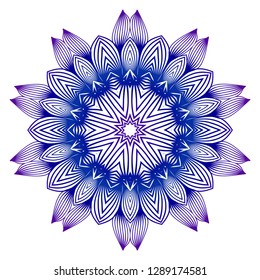 Round blue, purple gradient mandala on white background. Vector boho mandala. Floral patterns. Idea for your interior design, invitation card, holiday elements. Blue, purple color.