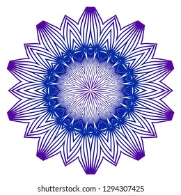 Round blue, purple gradient mandala on white background. Vector boho mandala. Floral patterns. Idea for your interior design, invitation card, holiday elements. Blue, purple color.