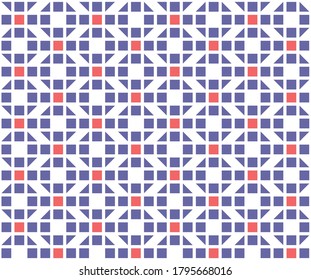 Round blue and red box shapes made from blocks in a repeating chain pattern on a white background, geometric vector illustration	