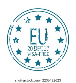 Round blue seal. Free visa to European Union. Travel, vacation and recreation, tourism. Circle stamp with EU text and stars. Post mark for international communication. Cartoon flat vector illustration