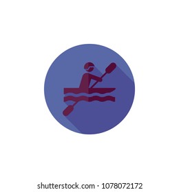 Round blue sports icon (rowing) in a flat style, man in a boat, silhouette of a purple color, vector