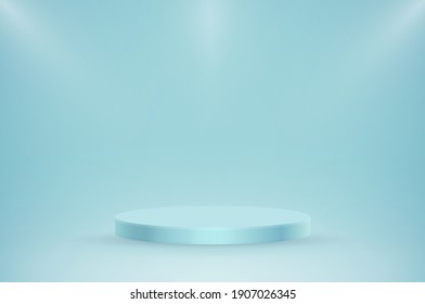 Round Blue Stage Podium Illuminated With Light. Vector For Product Presentation