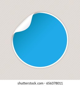 Round blue sticker label with white corner on gray background. Vector 3d illustration