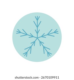 Round blue sticker with snowflake icon, icy line and chill detail. Cold snow flake label for winter package decoration and xmas product, flat symbol for seasonal use.