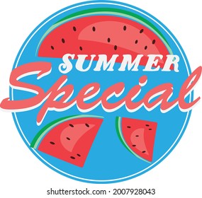 round blue SUMMER SPECIAL sticker or sign with slices of watermelon, vector illustration