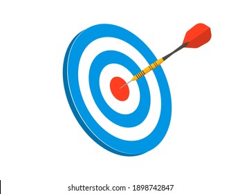 Round blue target with red dart in center. Hitting perfect marketing circles success in competition and business performance strategy of accurate vector victory.