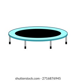 Trampolín azul redondo con una superficie de salto negro y patas de Asistencia, que representan el Ocio, la diversión y las actividades de fitness, aislado en un fondo blanco limpio