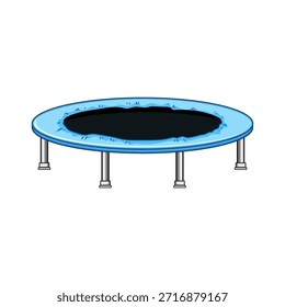 Round blue trampoline on a white background, serving as equipment for children's play, promoting jumping, exercising, and recreational activities in an outdoor setting