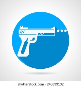 Round blue vector icon with white silhouette traumatic weapon on gray background. Long shadow design.