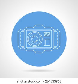 Round blue vector icon with white line camera in waterproof case for diving and snorkeling on gray background.