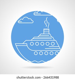 Round blue vector icon with white line passenger steam liner on gray background.