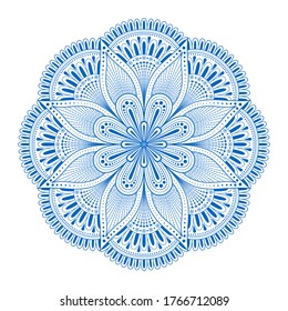 Mandala de vector azul redondo en estilo doodle sobre fondo blanco. Resumen de elementos florales de encaje para tarjetas, afiches, invitaciones, volantes, yoga, meditación. Motivos islámicos, árabes y otomanos. Forma de círculo.
