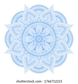 Round blue vector mandala in doodle style on a white background. Abstract lace floral element for cards, posters, invitations, flyers, yoga, meditation. Islamic, Arab, Ottoman motifs. Circle shape.