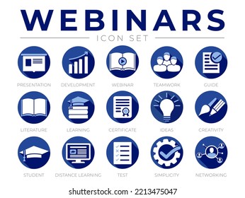 Round Blue Webinar Icon Set. Präsentation, Entwicklung, Webinare, Vernetzung, Teamwork, Guide, Literatur, Lernen, Zertifikat, Ideen, Kreativität, Fernstudium, Test, Einfachheit Icons.