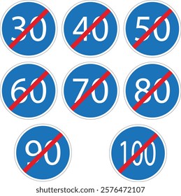 Round blue and white end of minimum speed limit signs, displaying numbers from 30 to 100 kmh, crossed by red diagonal bar, isolated on white.