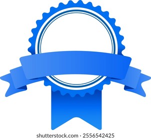 Round blue and white guarantee label featuring a blue ribbon symbolizes achievement, winning, quality certification, and premium warranty, representing excellence and satisfaction