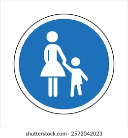 Round blue and white pedestrian sign indicating a path for mothers and children.
