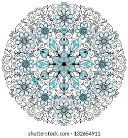 Round blue-gray-black floral lacy vintage pattern on white (vector)