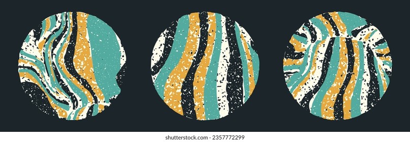 Round board with striped pattern in retro style in collection. Abstract background in the form of a circle, liquid texture of paint streaks, distressed stains, streaks. Trendy graphic design, vector.