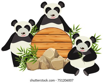 Round board with three cute pandas illustration