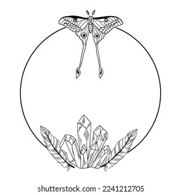 Round boho frame with butterfly and crystals. Black and white modern line art illustration. Witchcraft drawing.