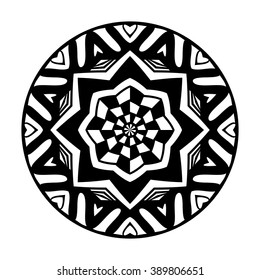 Round Boho stamp. Black and white decorative icon. Ornate element ethnic pattern. Tribal ornament for tattoo or brand. Zen art isolated design label. Vector illustration.