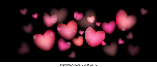Round bokeh and bokeh in heart shape romantic background. Shine hearts, glitter and glow. Love banner, background
