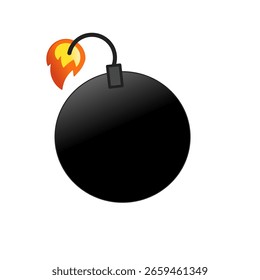 Bomba redonda com um pavio em chamas em design plano. Esfera bomba com fogo fusível sinal ilustração, vetor.