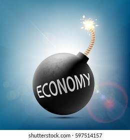 Round bomb with a burning wick and word economy. Stock vector illustration.