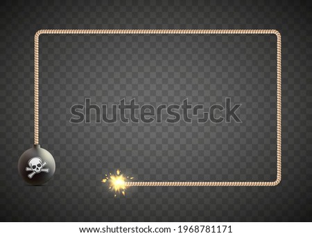 Round bomb with explosive fuse. Banner template isolated on transparent background. Frame for copy space. Vector illustration