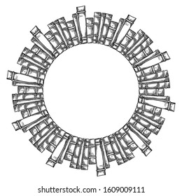 Round border from books with hatching. Engraving bookshelf in circle. Knowledge and wisdom. Element for library and interior. Vector object for frames, banners, cards and your design.