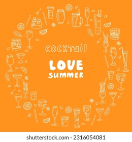 Round border clipart with acoholic and non-acoholic cocktails with text for bar menu design, banners, packaging or advertising. Cute vector illustration. Isolated on colorful background. Doodle style